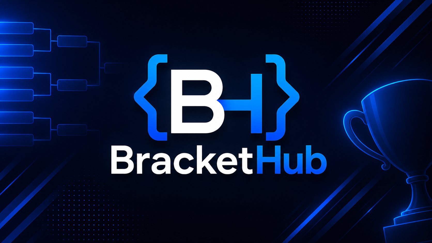 BracketHub — visuel de marque : le logo entre accolades, un arbre de tournoi et un trophée.