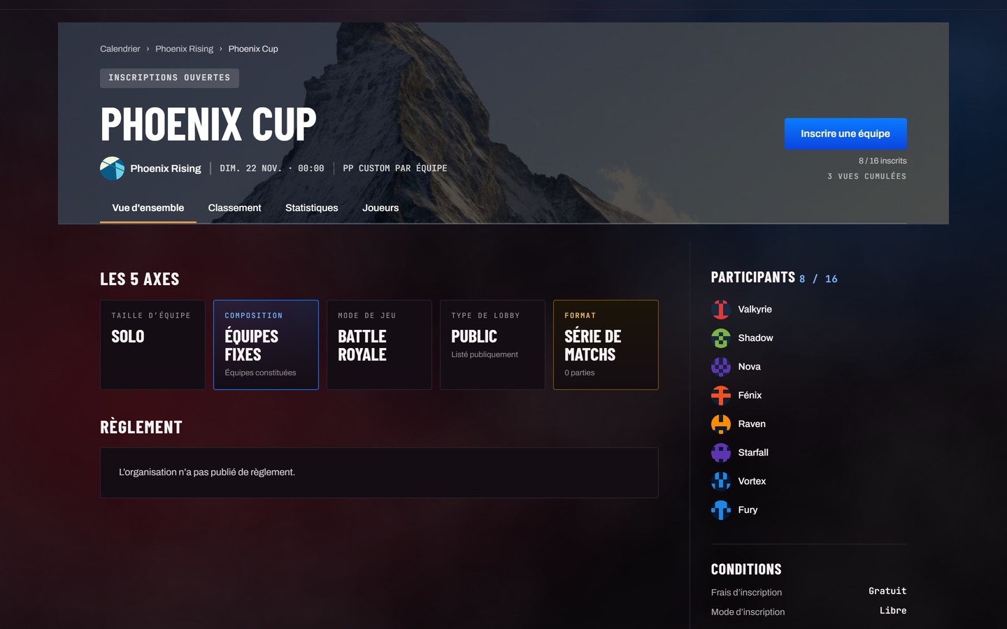 BracketHub — Fiche d'un tournoi aux inscriptions ouvertes : formats, participants et conditions.