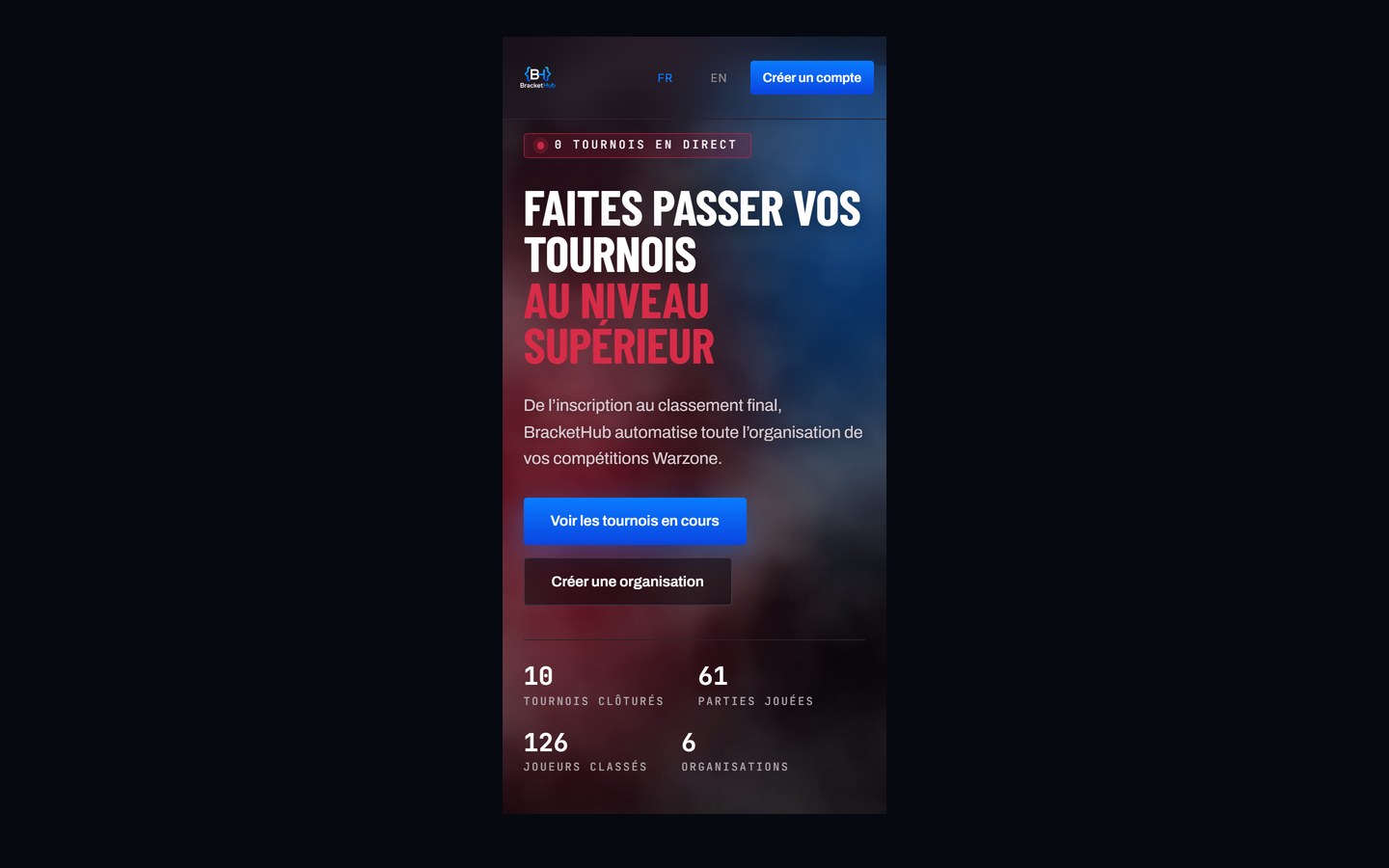 BracketHub — Le site sur mobile : navigation repliée et mise en page en colonne.